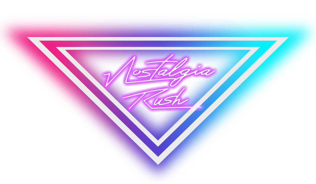 Nostalgia Rush logo — a glowing neon blue and pink double triangle with hand-lettered wordmark