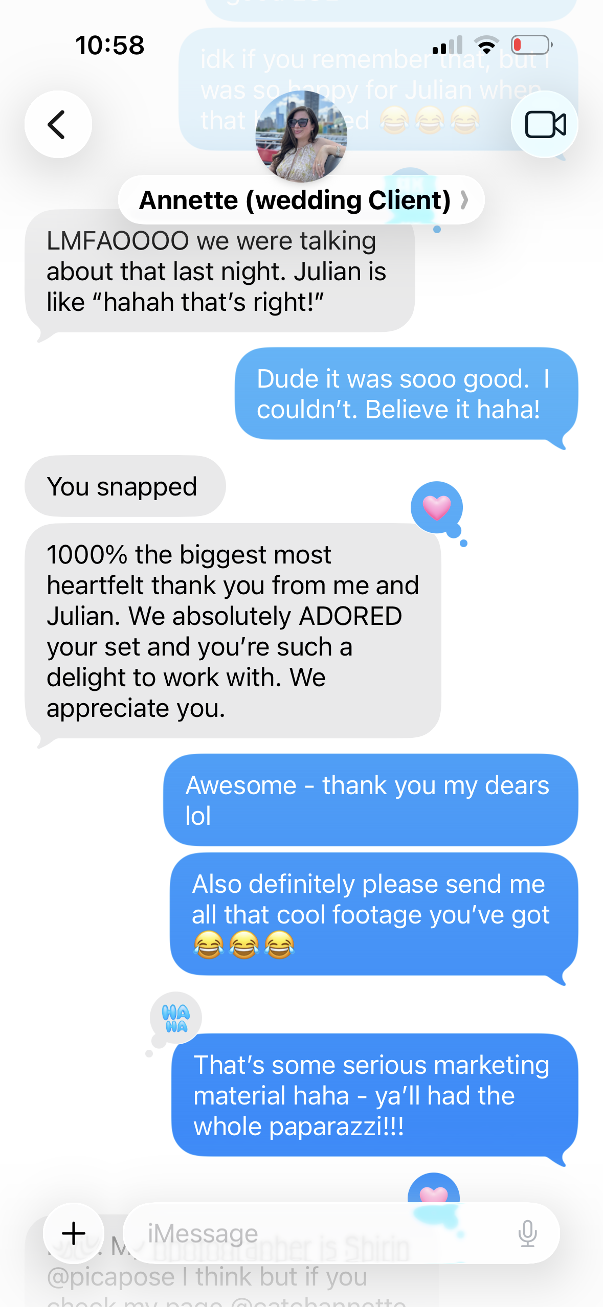 Text message from Annette thanking Lucas after her wedding