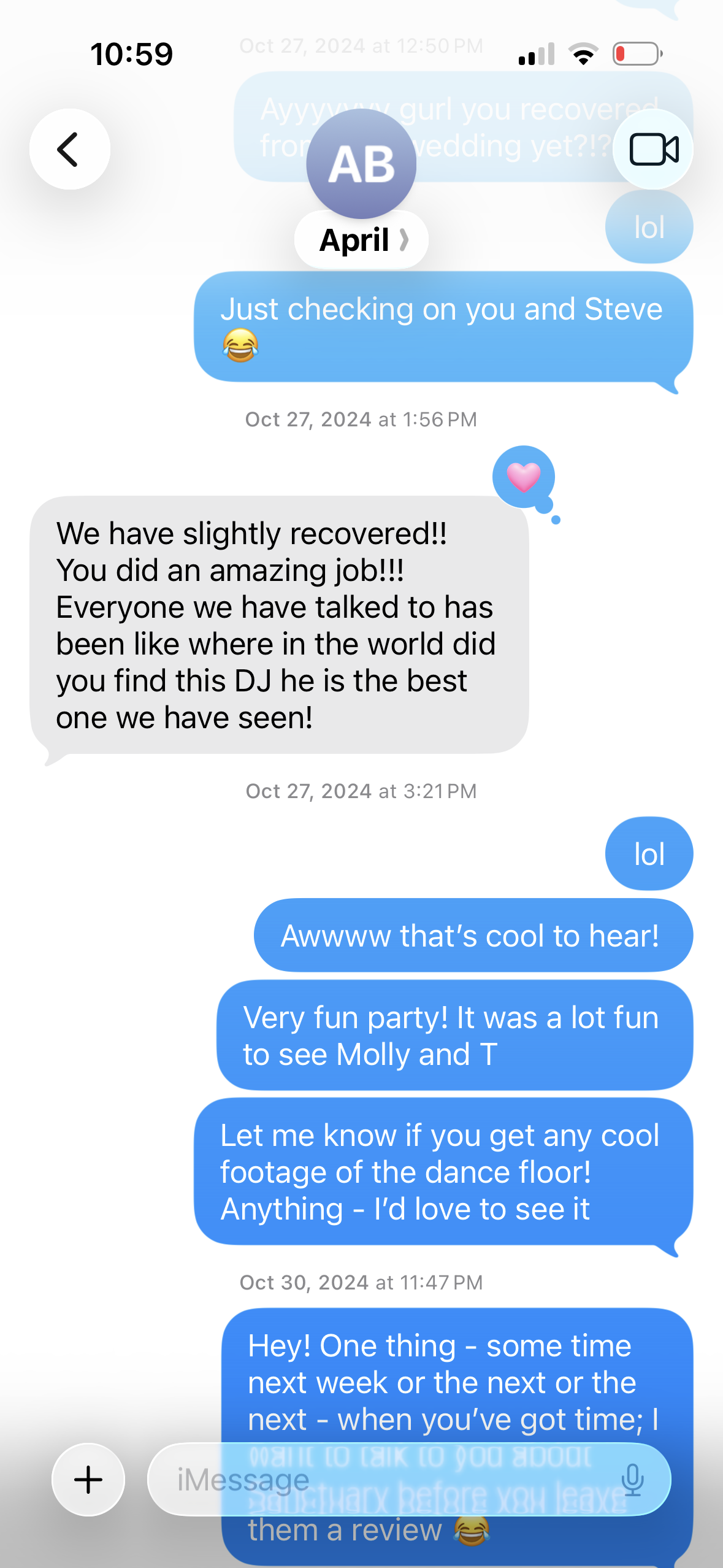 Text message from April thanking Lucas after her wedding