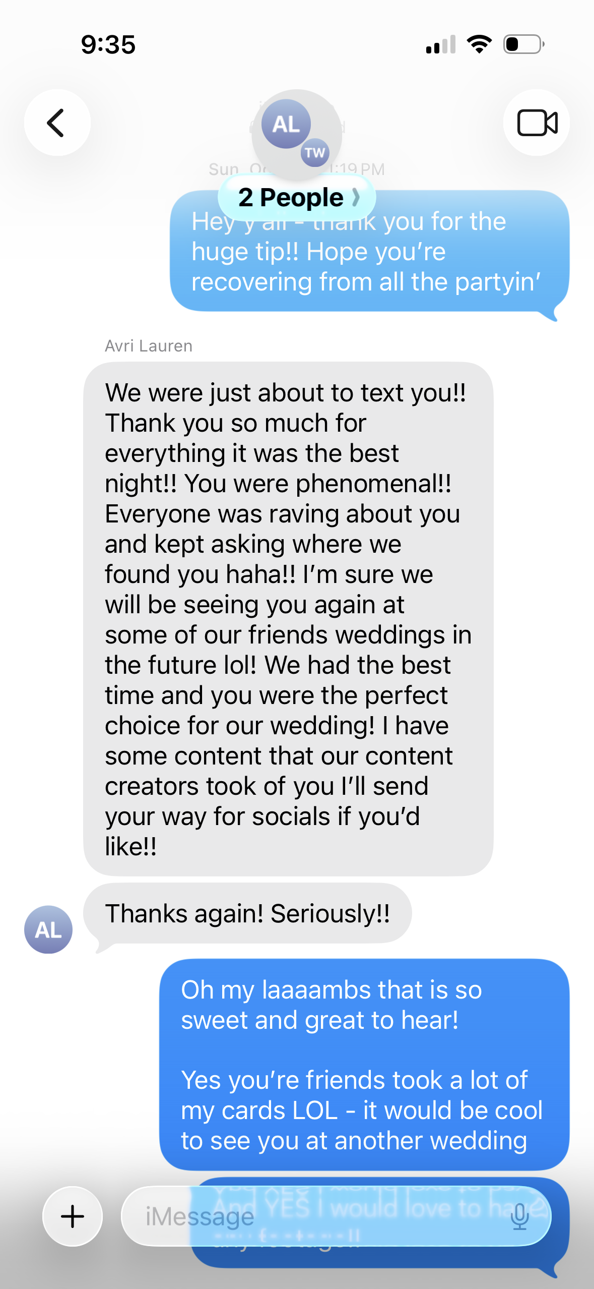 Text message from Avri and Thomas thanking Lucas after their wedding