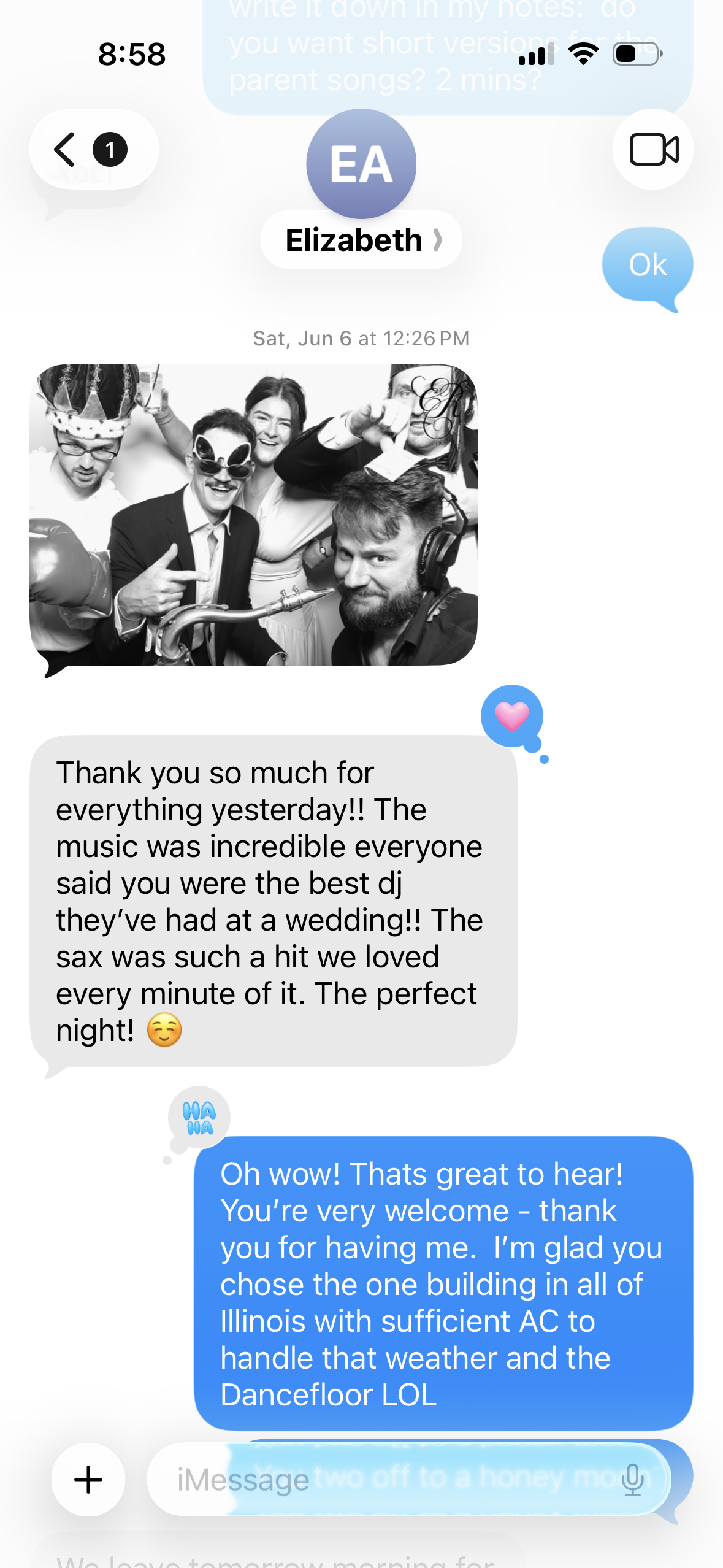 Text message from Elizabeth thanking Lucas after her wedding