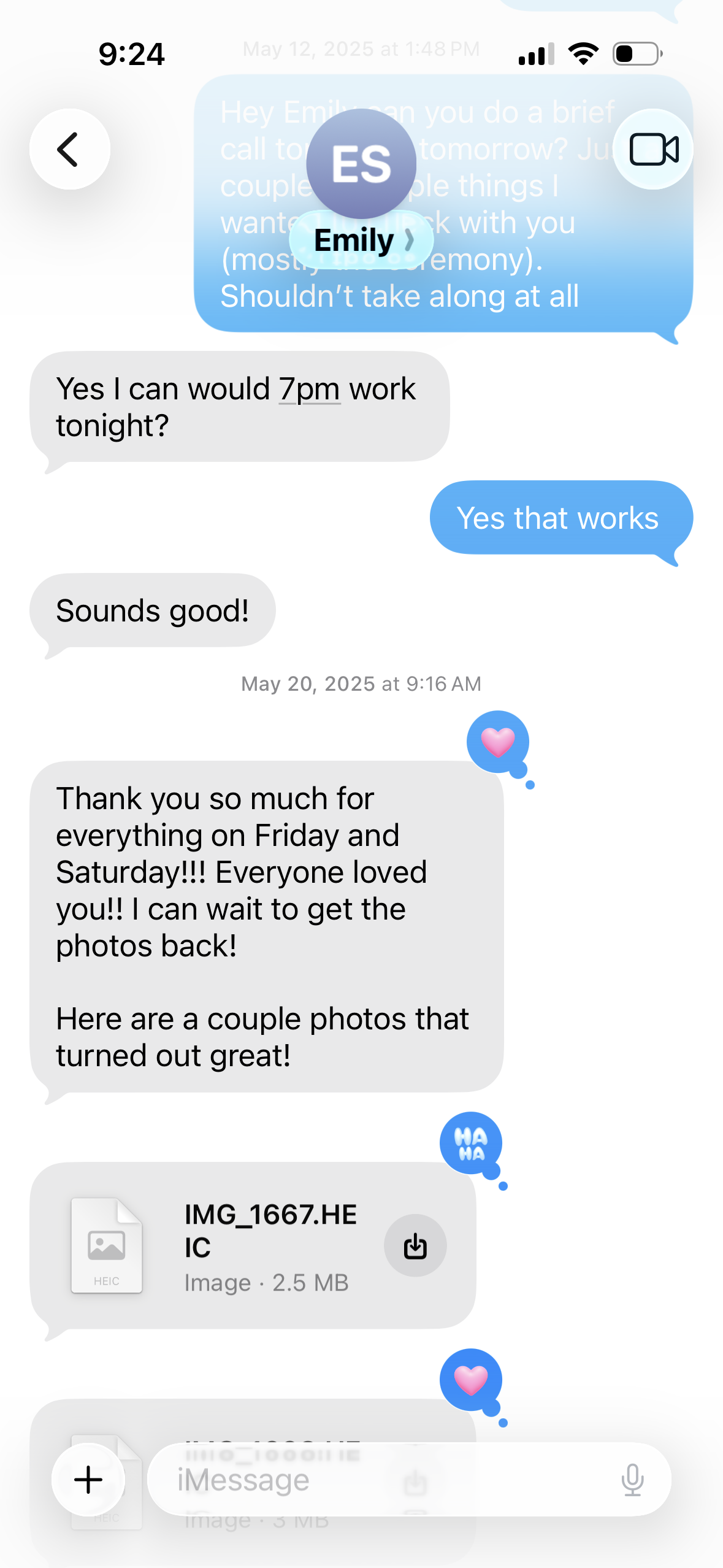 Text message from Emily thanking Lucas after her wedding