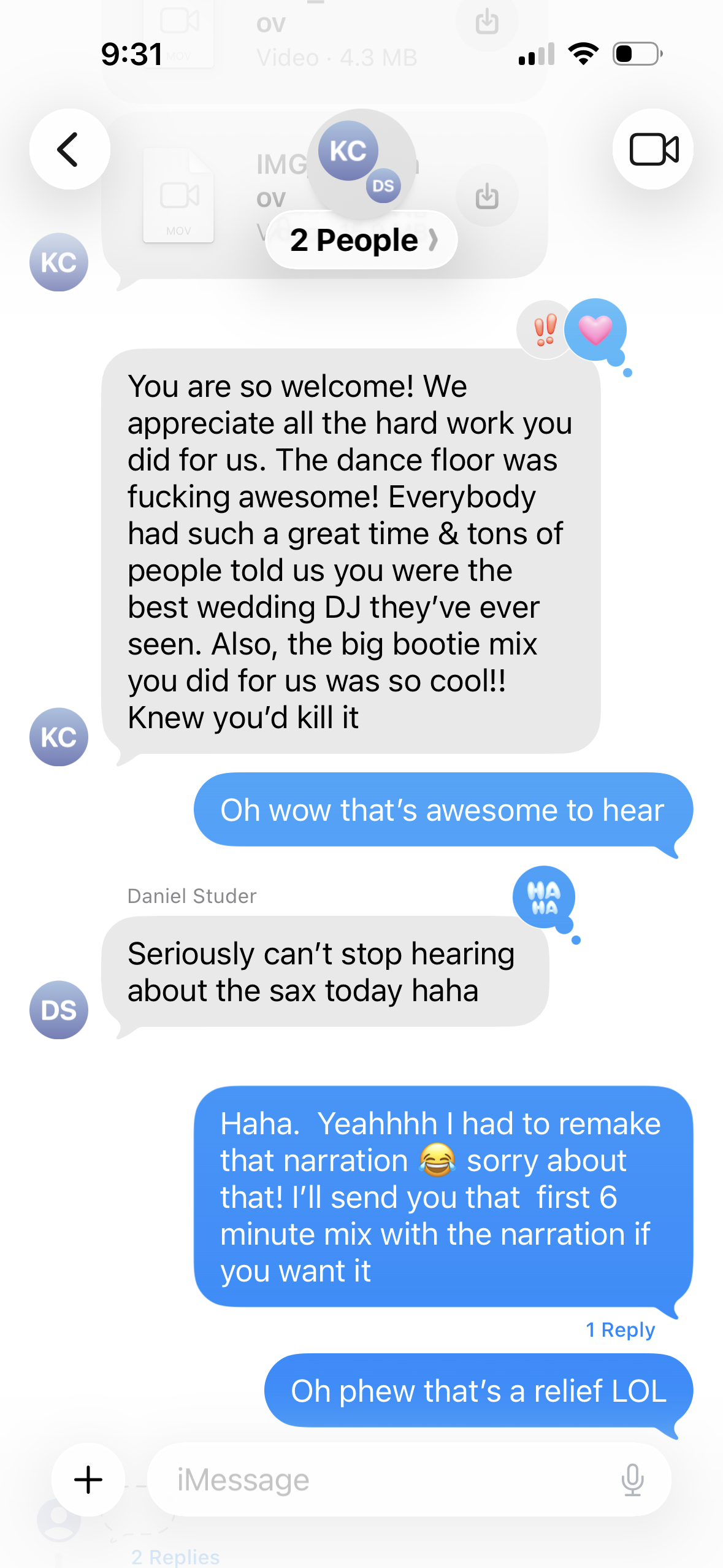 Text message from Katherine and Daniel thanking Lucas after their wedding
