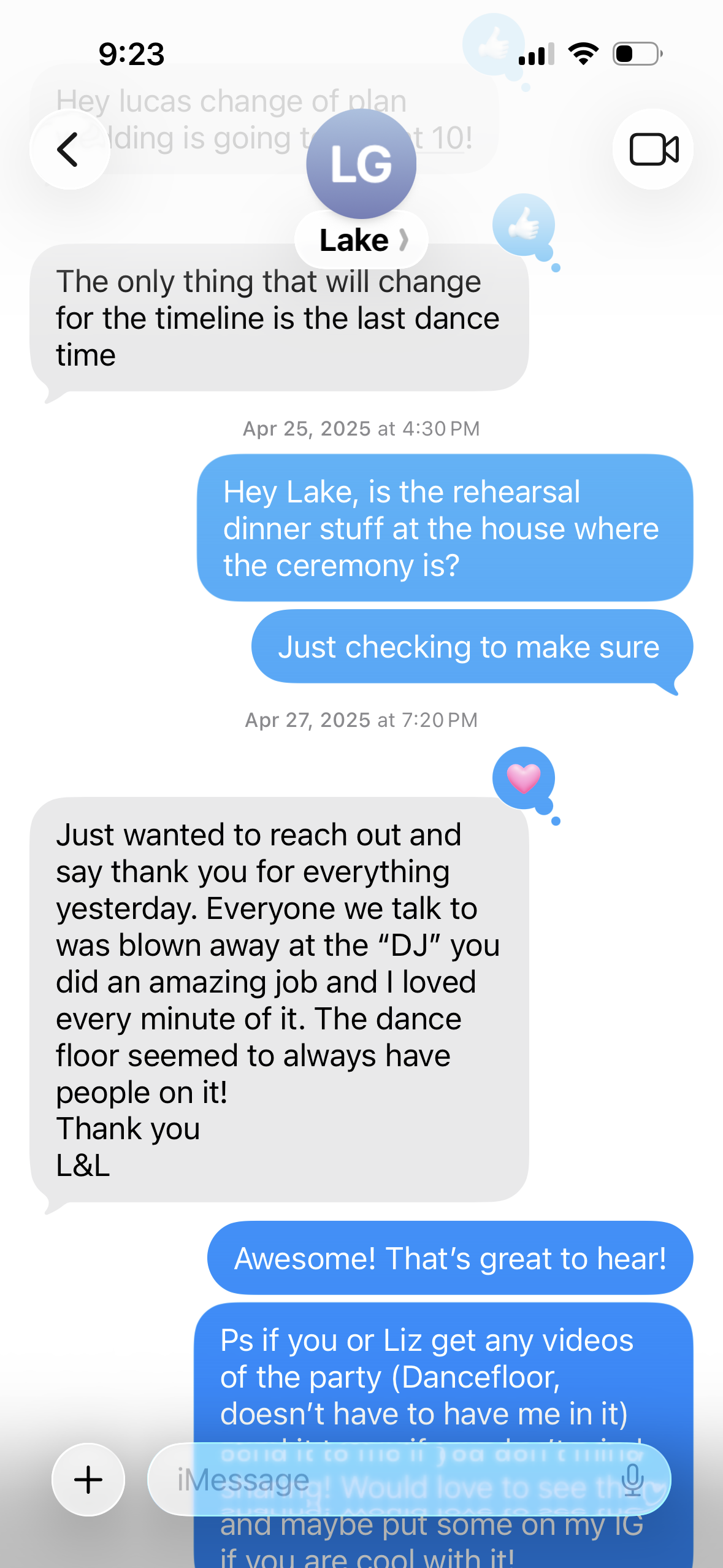 Text message from Lake thanking Lucas after her wedding