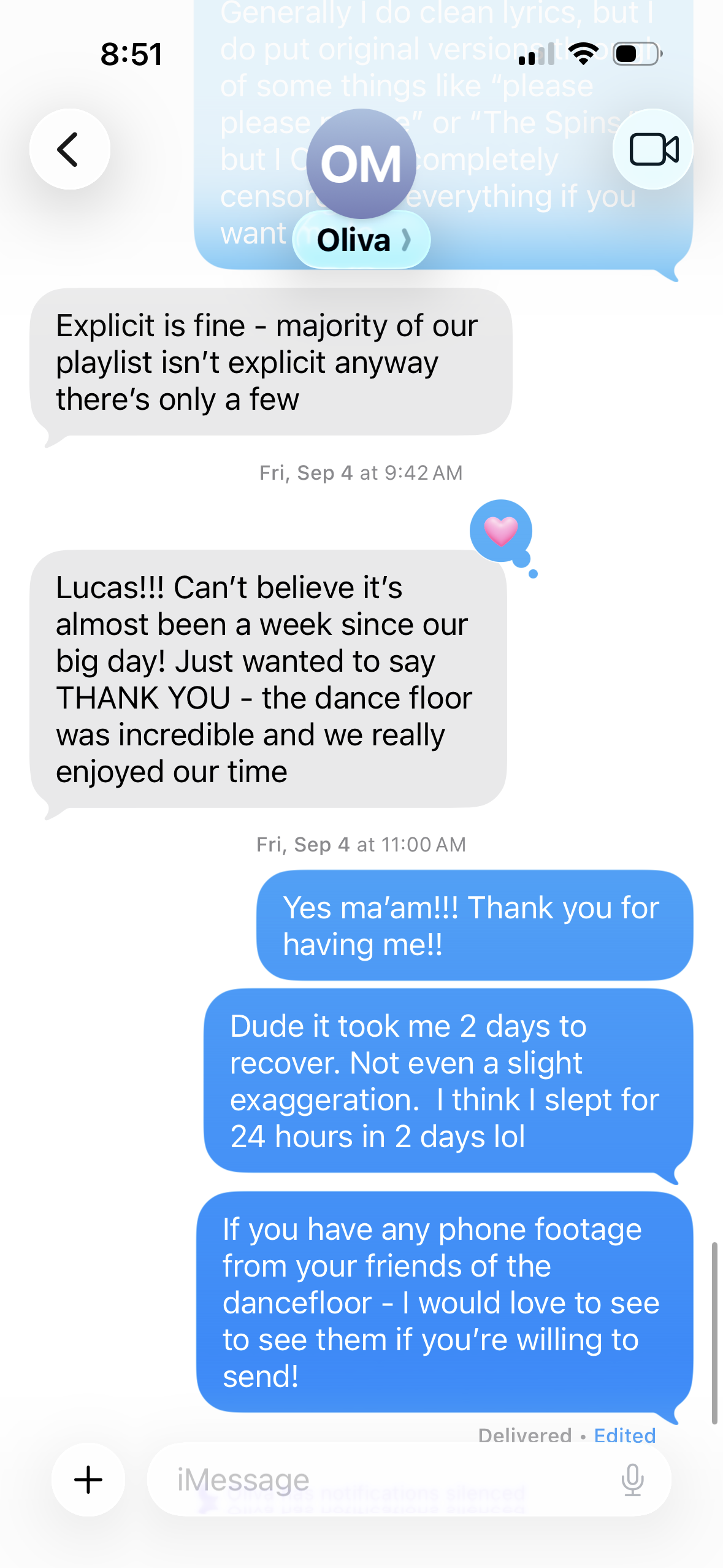 Text message from Olivia thanking Lucas after her wedding