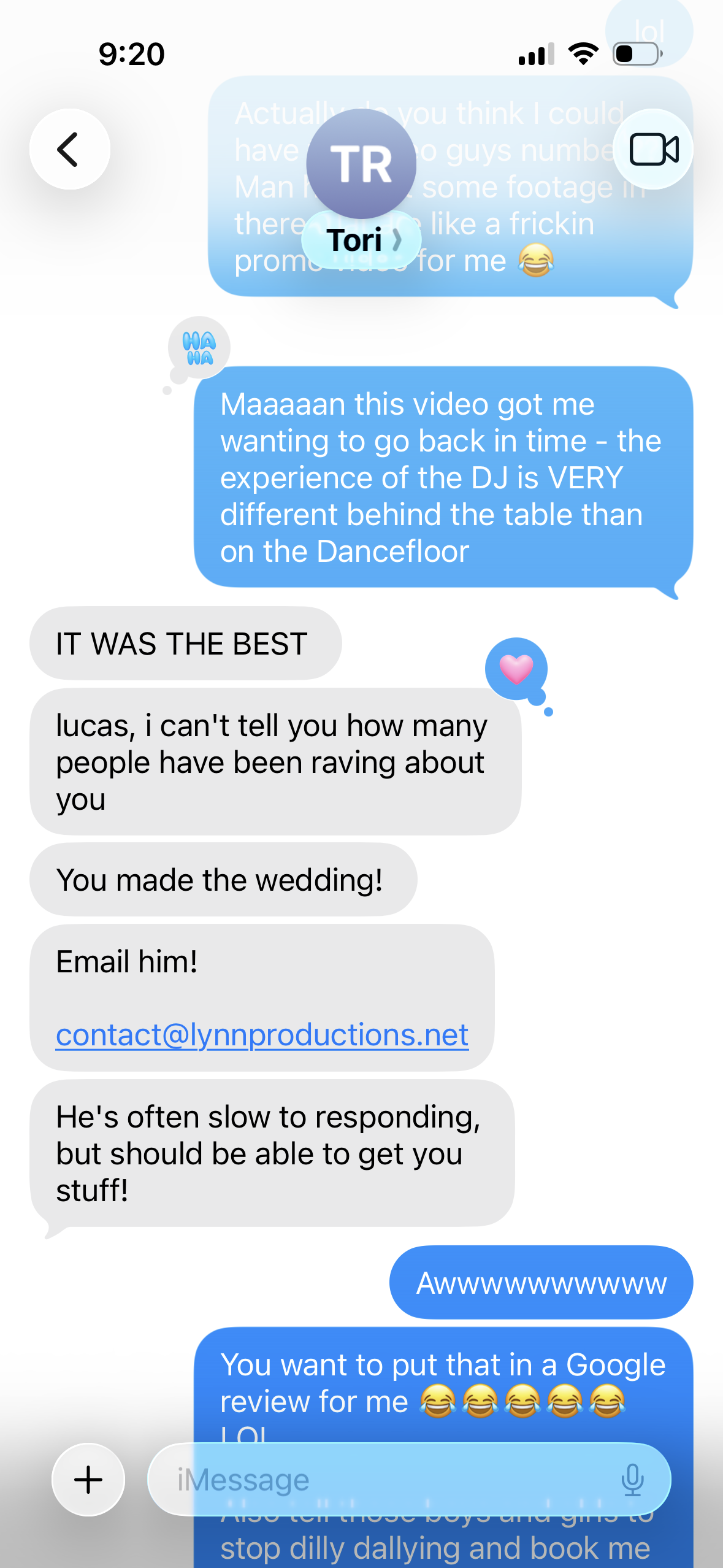 Text message from Tori thanking Lucas after her wedding